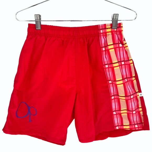 VTG 90s OP Ocean Pacific Swim Shorts Trunks Mens M Red Plaid Elastic Waist Liner - Picture 1 of 12